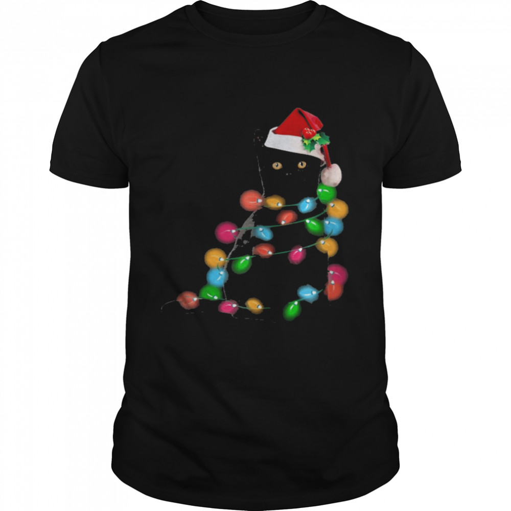 Black Cat Christmas lights shirt