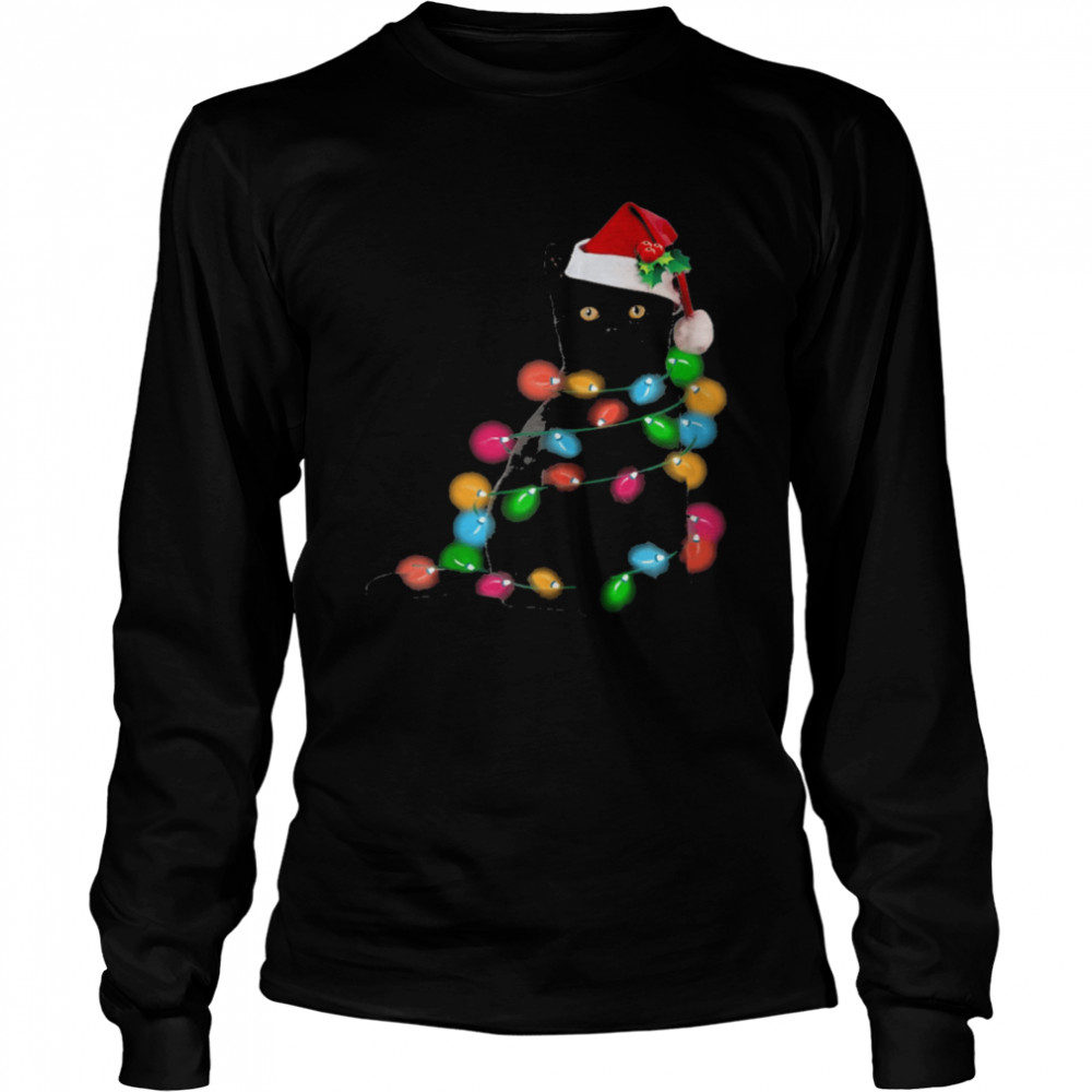 Black Cat Christmas lights Long Sleeved T-shirt