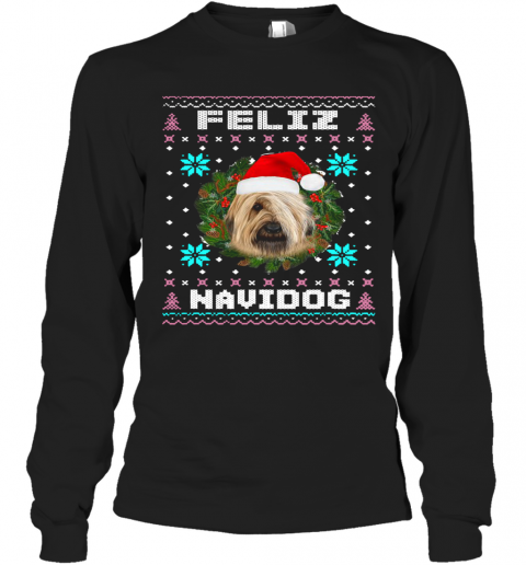 Feliz Navidog Briard Dog Santa Hat Funny Ugly Christmas T-Shirt Long Sleeved T-shirt 
