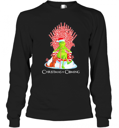 Grinch And Dog Is Coming Candy Cane Throne Xmas T-Shirt Long Sleeved T-shirt 