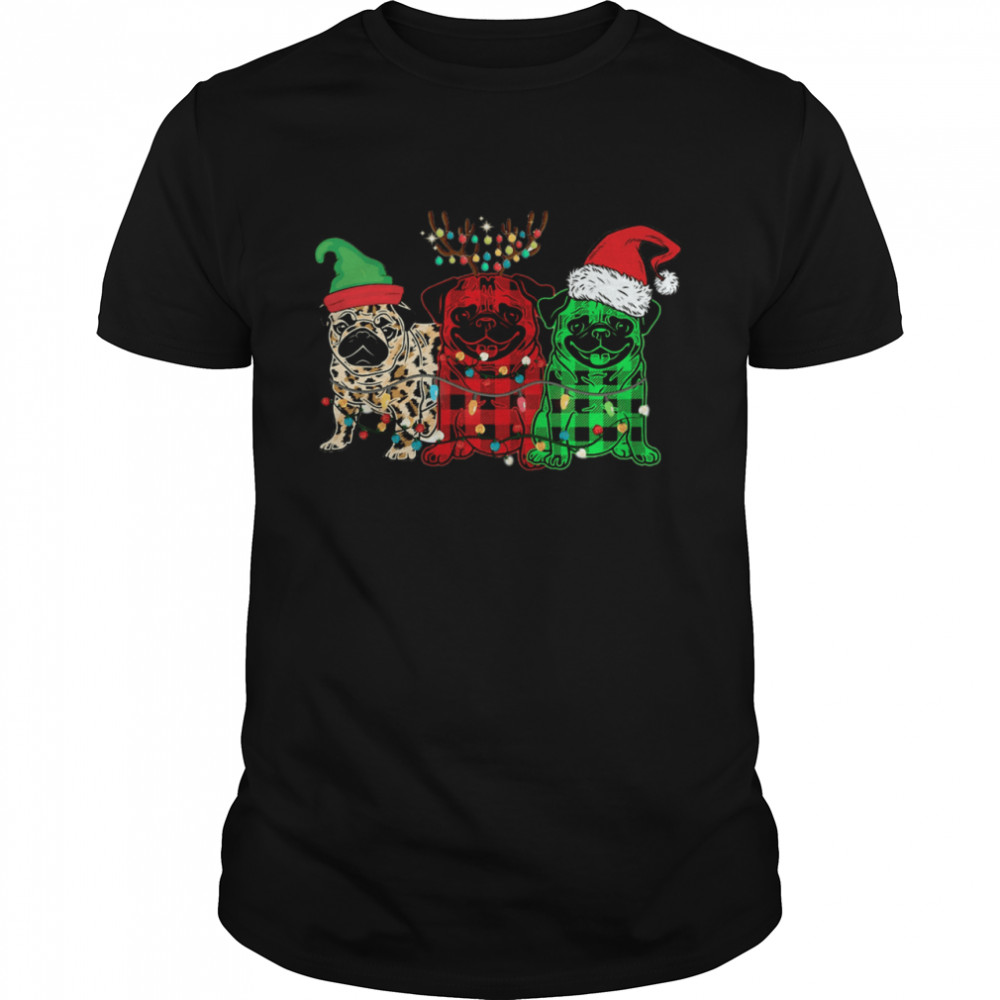 Pug Elf Reindeer Santa Light Merry Christmas shirt