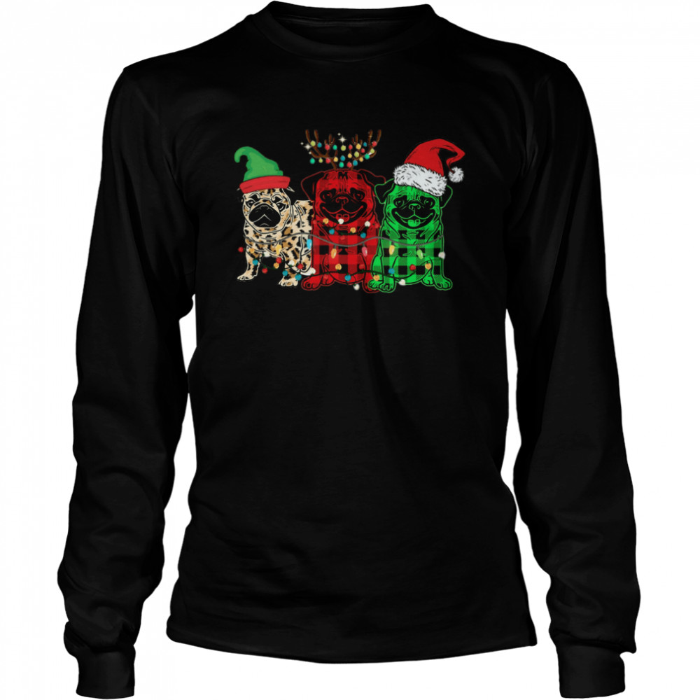 Pug Elf Reindeer Santa Light Merry Christmas Long Sleeved T-shirt