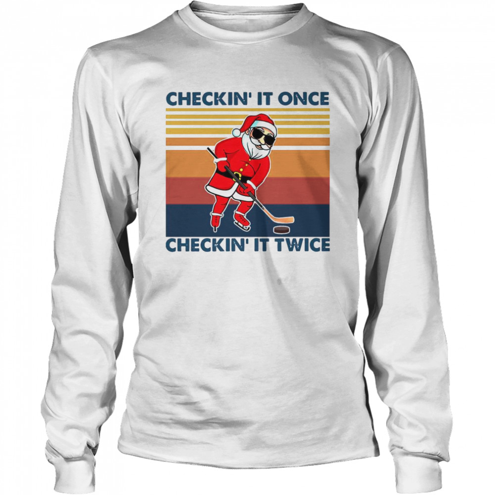 Santa Claus Play Hockey Checking It Once Checking It Twice Vintage Retro Long Sleeved T-shirt