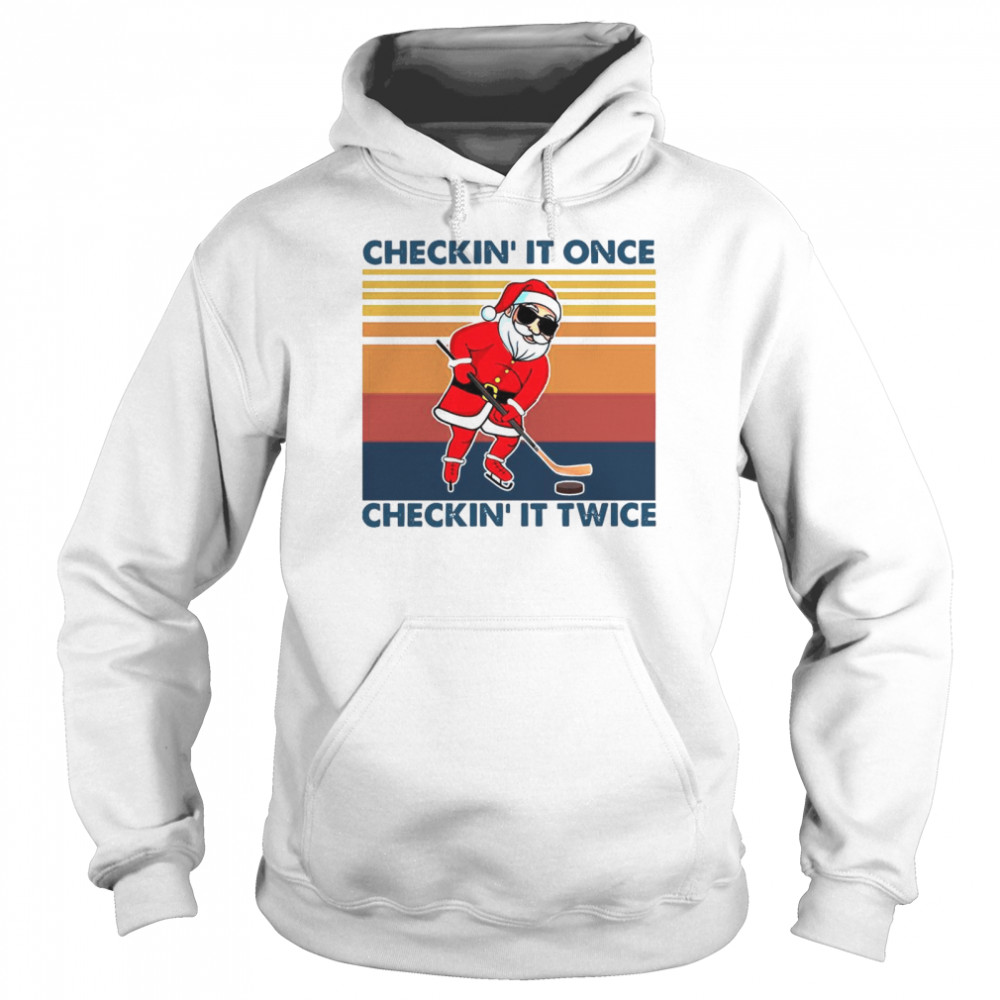 Santa Claus Play Hockey Checking It Once Checking It Twice Vintage Retro Unisex Hoodie