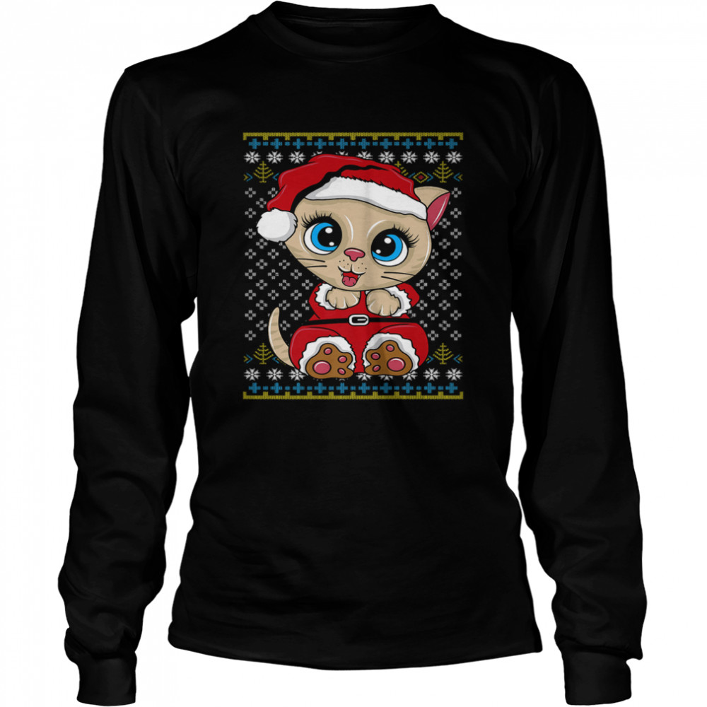 Santa Kitten Ugly Christmas Gift Xmas Cat Pajama Long Sleeved T-shirt