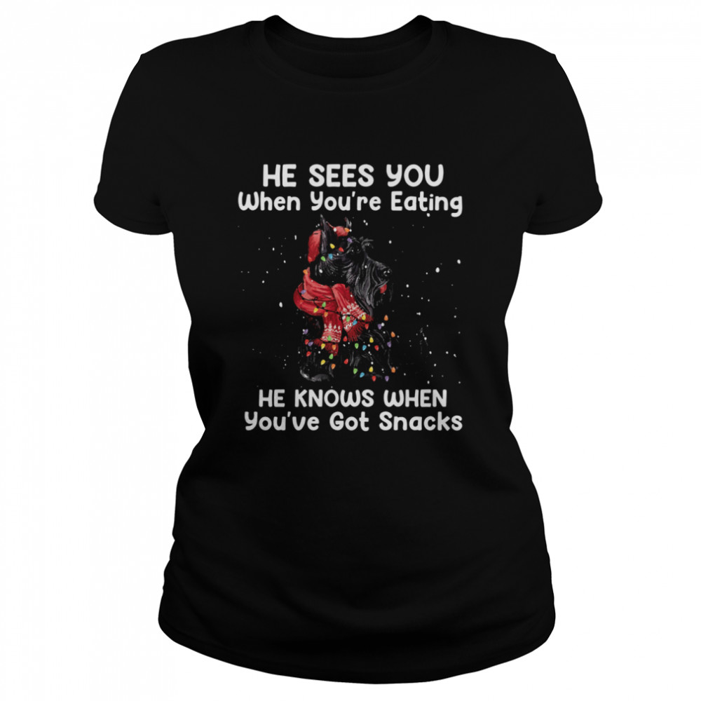 Scottish Terrier He Sees You When Youre Eating He Knows When Youve Got Snacks Classic Women's T-shirt