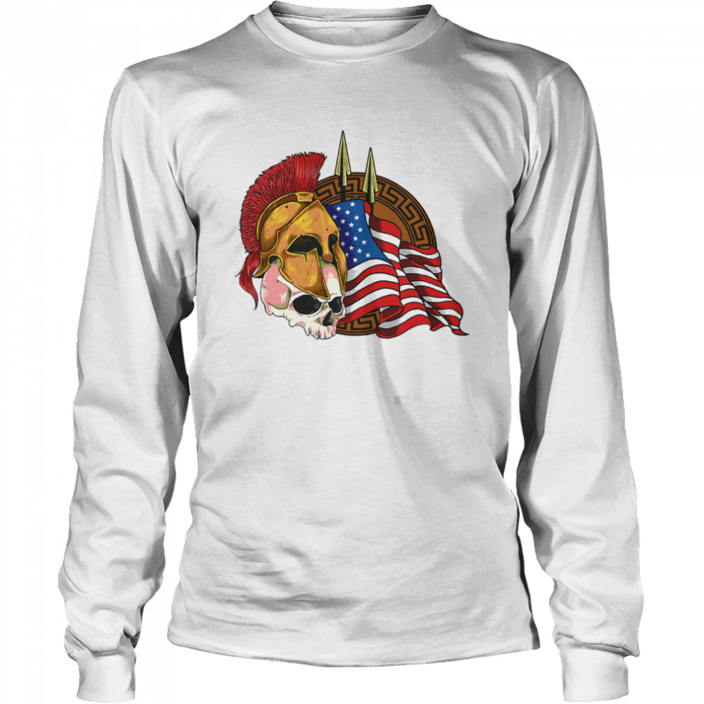 Skulls Spartan Armor Skull American Flag Long Sleeved T-shirt