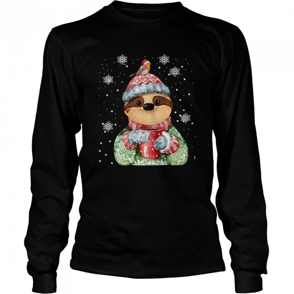 Sloth Drinks Coffee Merry Christmas Long Sleeved T-shirt