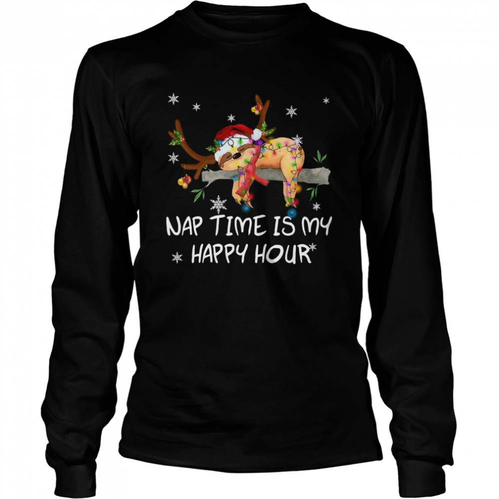 Sloth Santa Sleep Nap Time Is My Happy Hour Merry Christmas Long Sleeved T-shirt