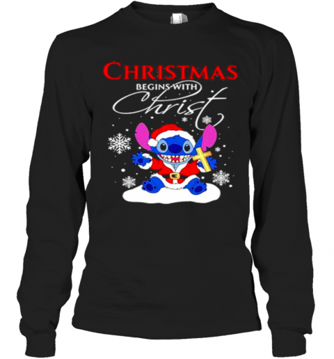 Stitch Santa Christmas Begins With Christ T-Shirt Long Sleeved T-shirt 
