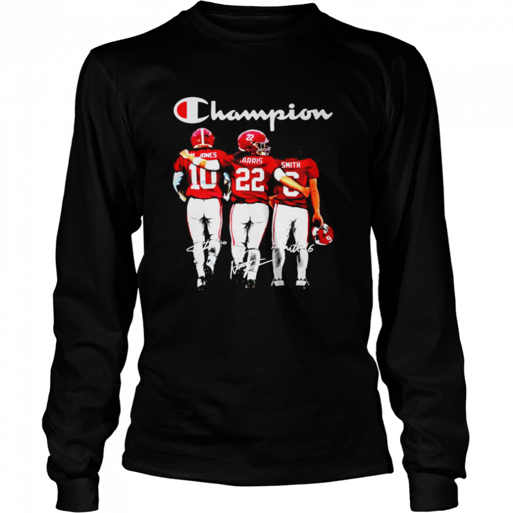 Alabama Crimson Tide Mac Jones Najee Harris and Devonta Smith Champions signatures Long Sleeved T-shirt