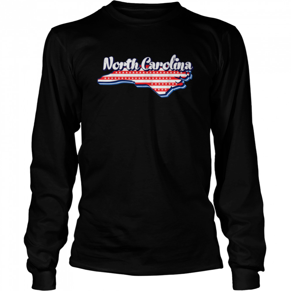 North Carolina Map Outline 4th Of July USA Flag States Long Sleeved T-shirt
